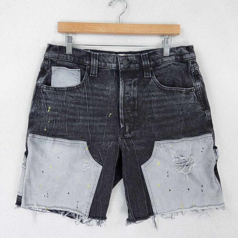 Hudson Shorts Mens 33 Black Denim Cut Off Carpenter Paint Splatter Button Fly